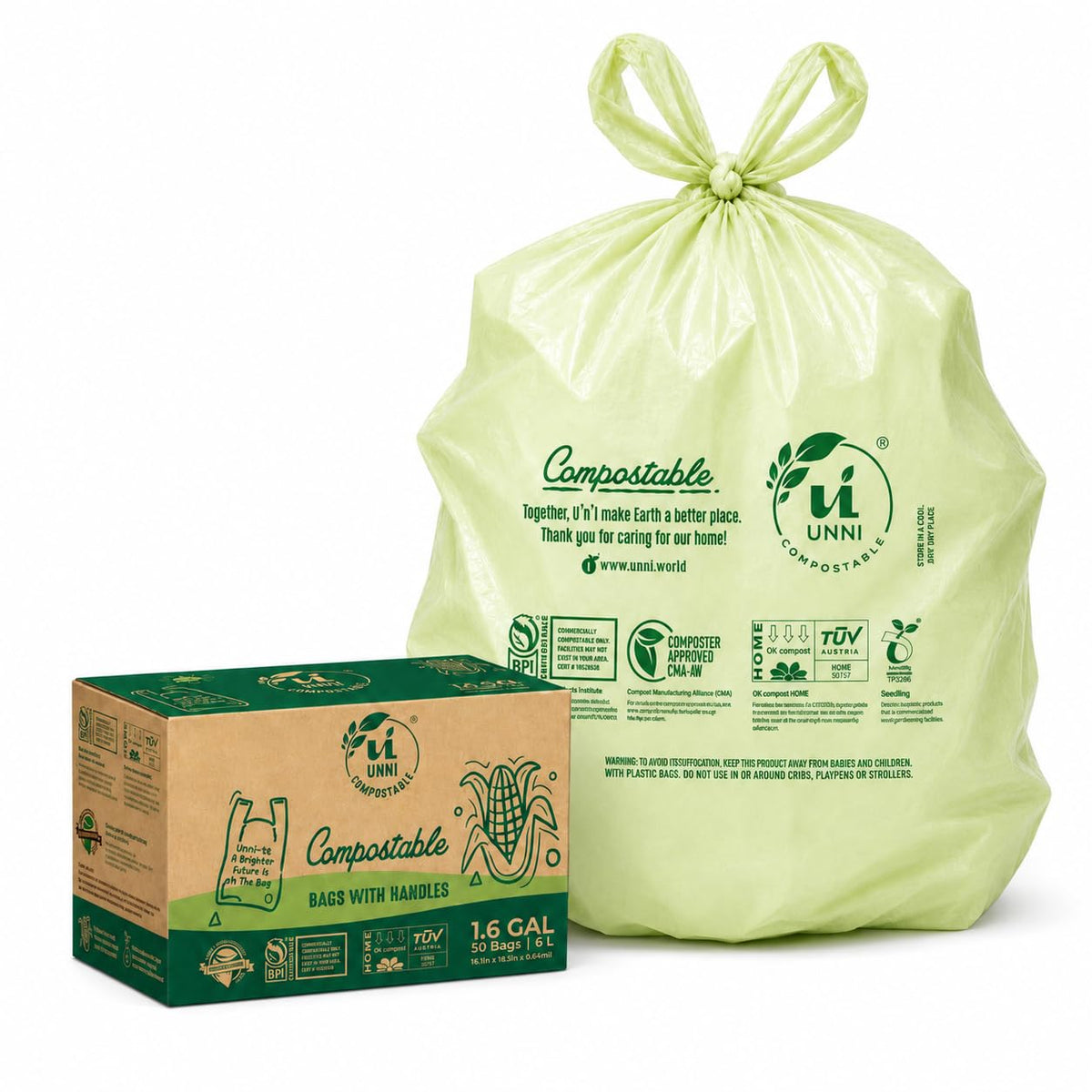 1.6 Gallon Compostable Bags with Easy-Tie Handles, 50 Count A123137