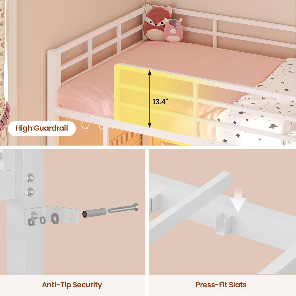 White Twin Over Twin Low Bunk Bed with Desk & 3 Storage Drawers D189011