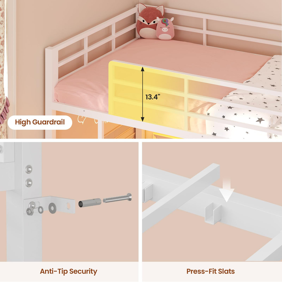 White Twin Over Twin Low Bunk Bed with Desk & 3 Storage Drawers D189011