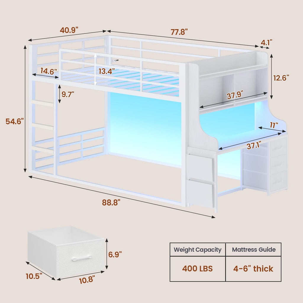 White Twin Over Twin Low Bunk Bed with Desk & 3 Storage Drawers D189011