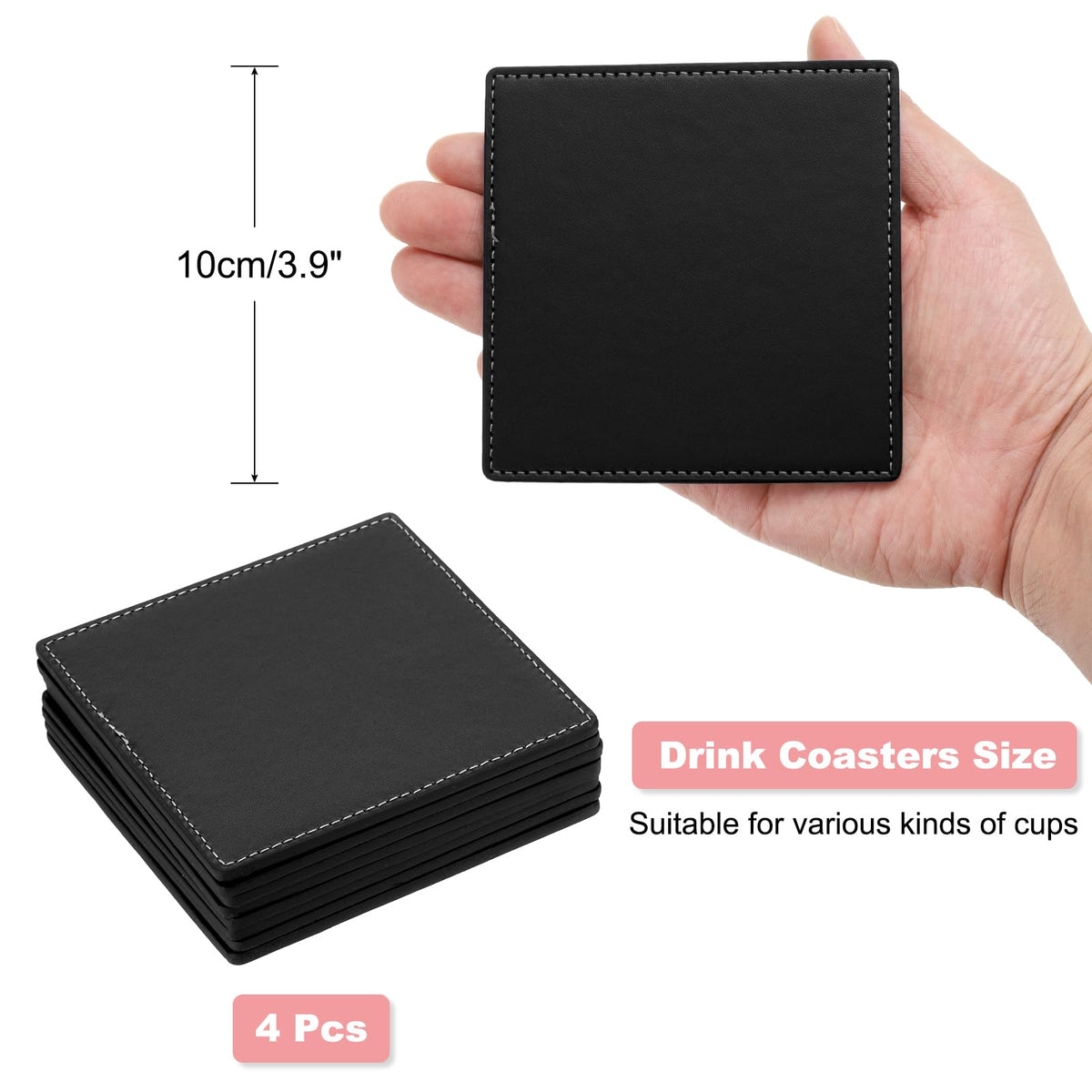 White Stitched Dual Sided Leather Coasters Set of 4 N245881