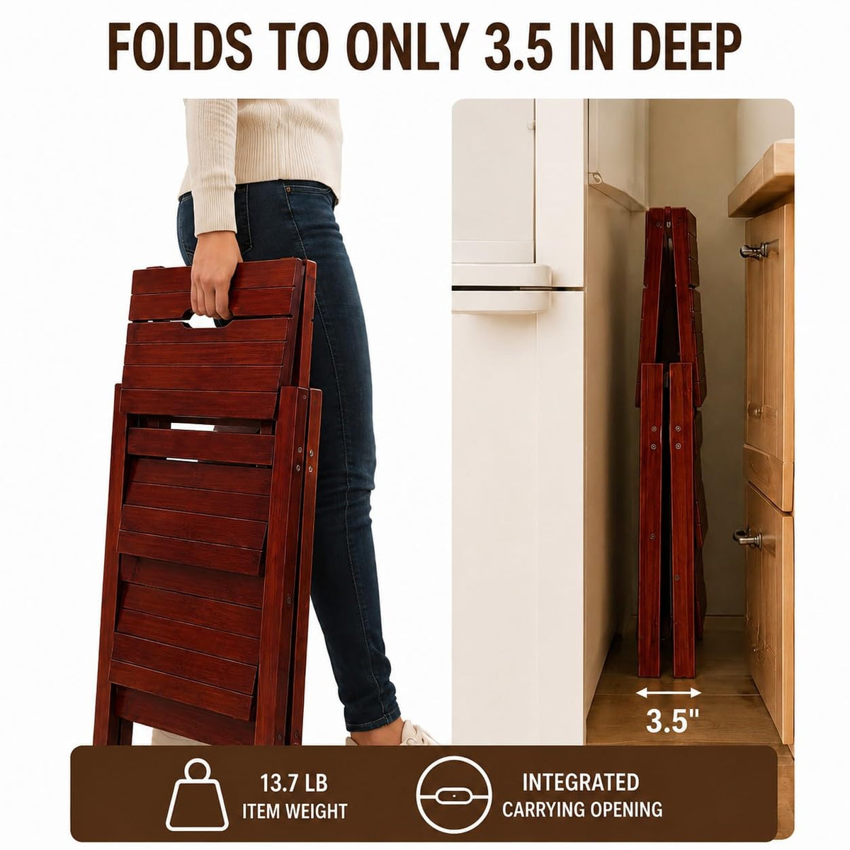 Solid Oak 3 Step Folding Ladder 330 lbs Capacity Wooden Step Stool Y88565