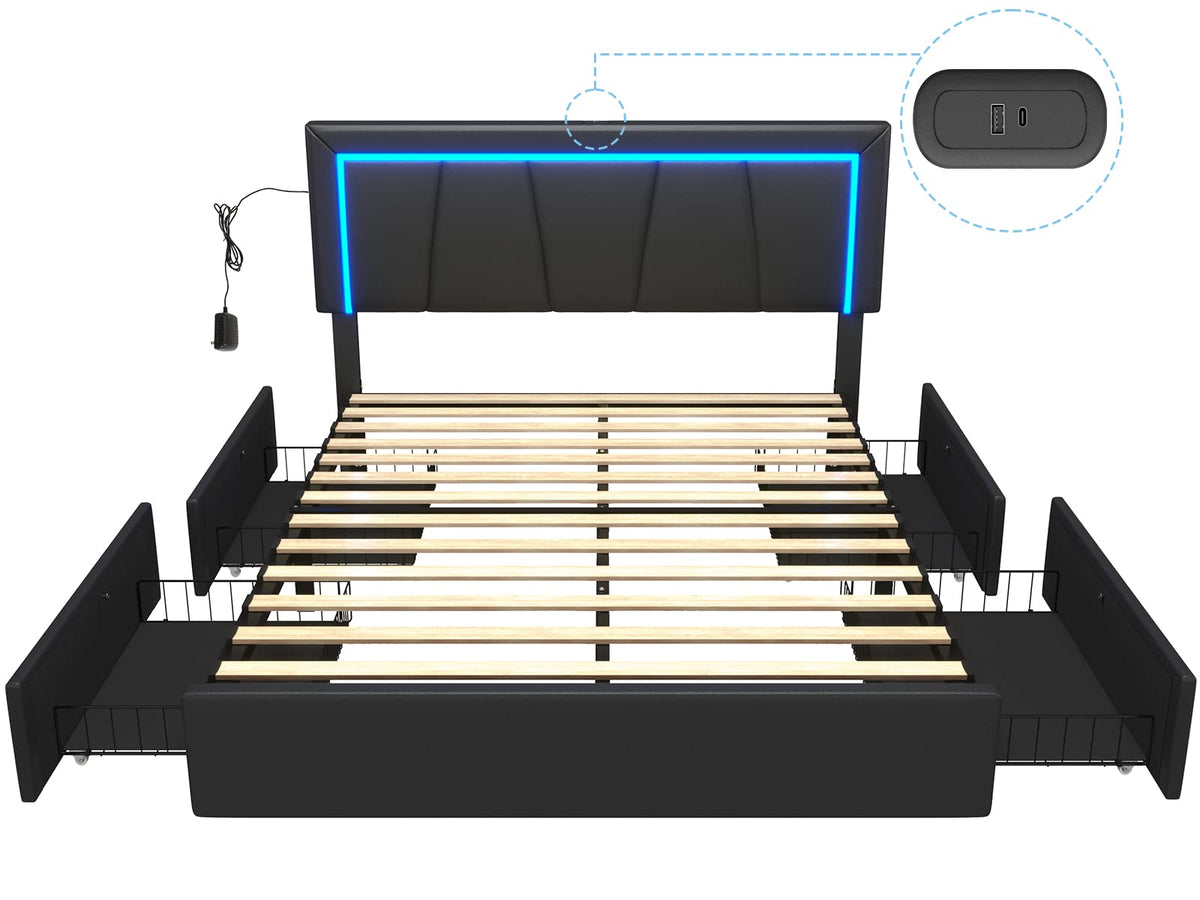 Full Size Upholstered Platform Bed Frame with Headboard and 4 Storage Drawers G462420