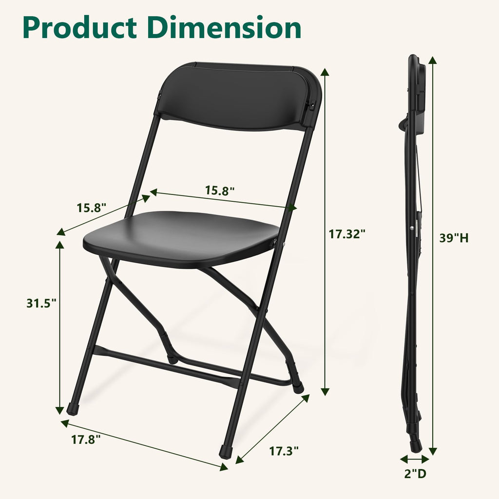 Black Plastic Folding Chairs, 10 Pack Steel Frame 350lbs Capacity M8852