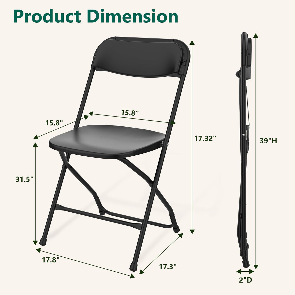 Black Plastic Folding Chairs, 10 Pack Steel Frame 350lbs Capacity M8852