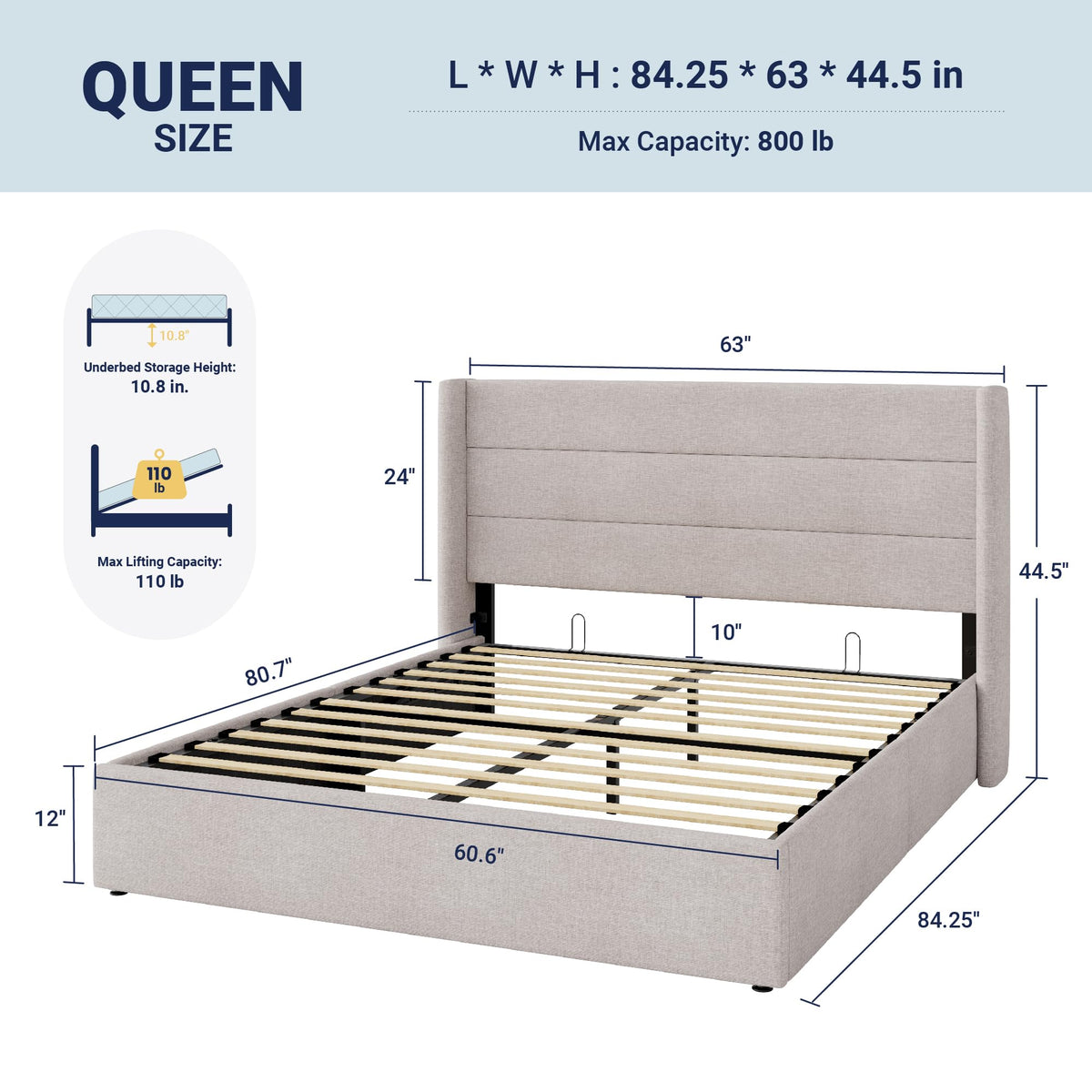Queen Size Lift Up Storage Bed Frame Light Beige J411264