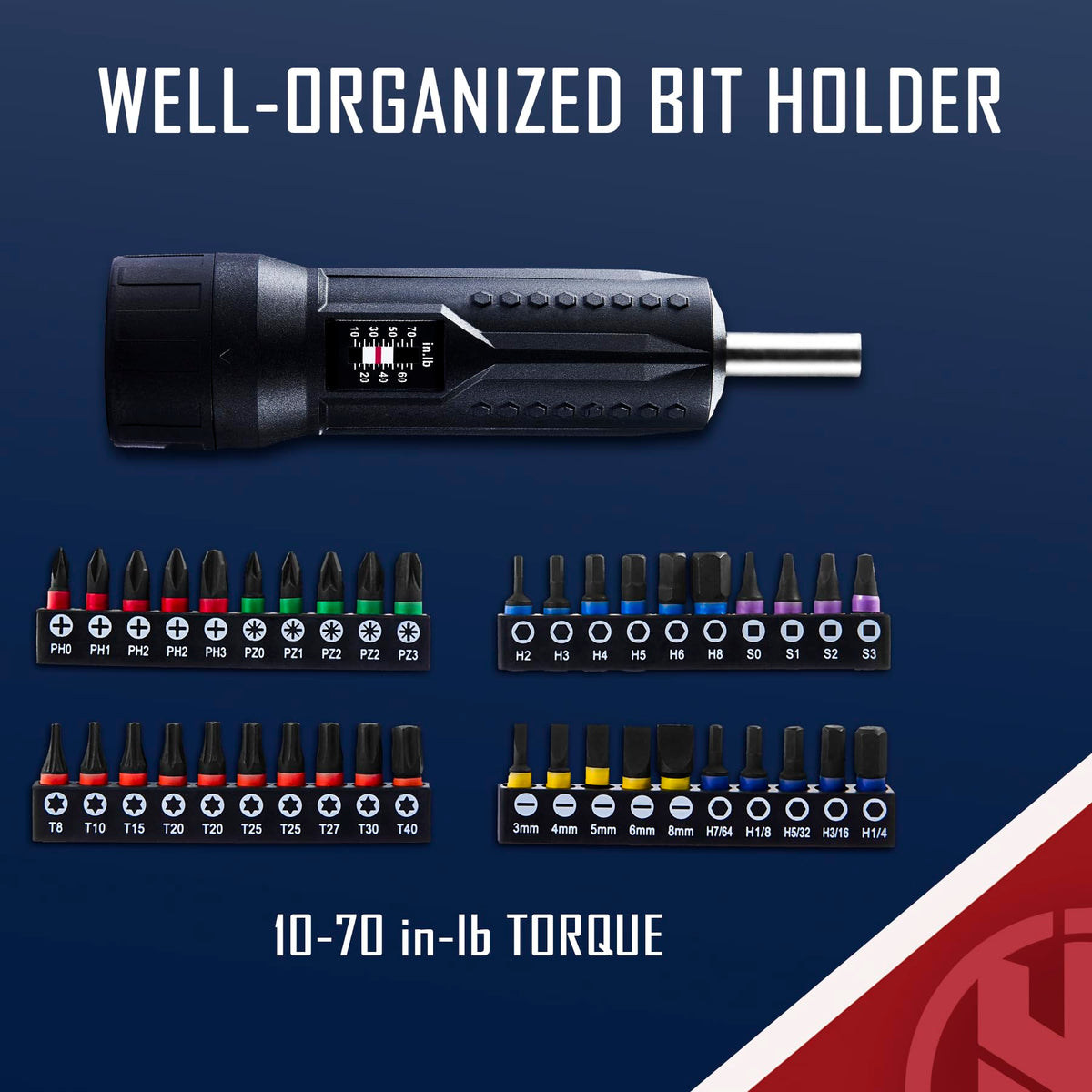 Torque Screwdriver Wrench Set 10-70 Inch Pounds with T-bar Handle, 40 Hex Bits, 1/4" Socket, Black H736258
