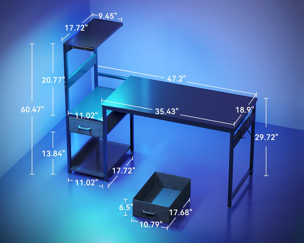 48'' Black Gaming Desk with LED Lights & CPU Stand V778438