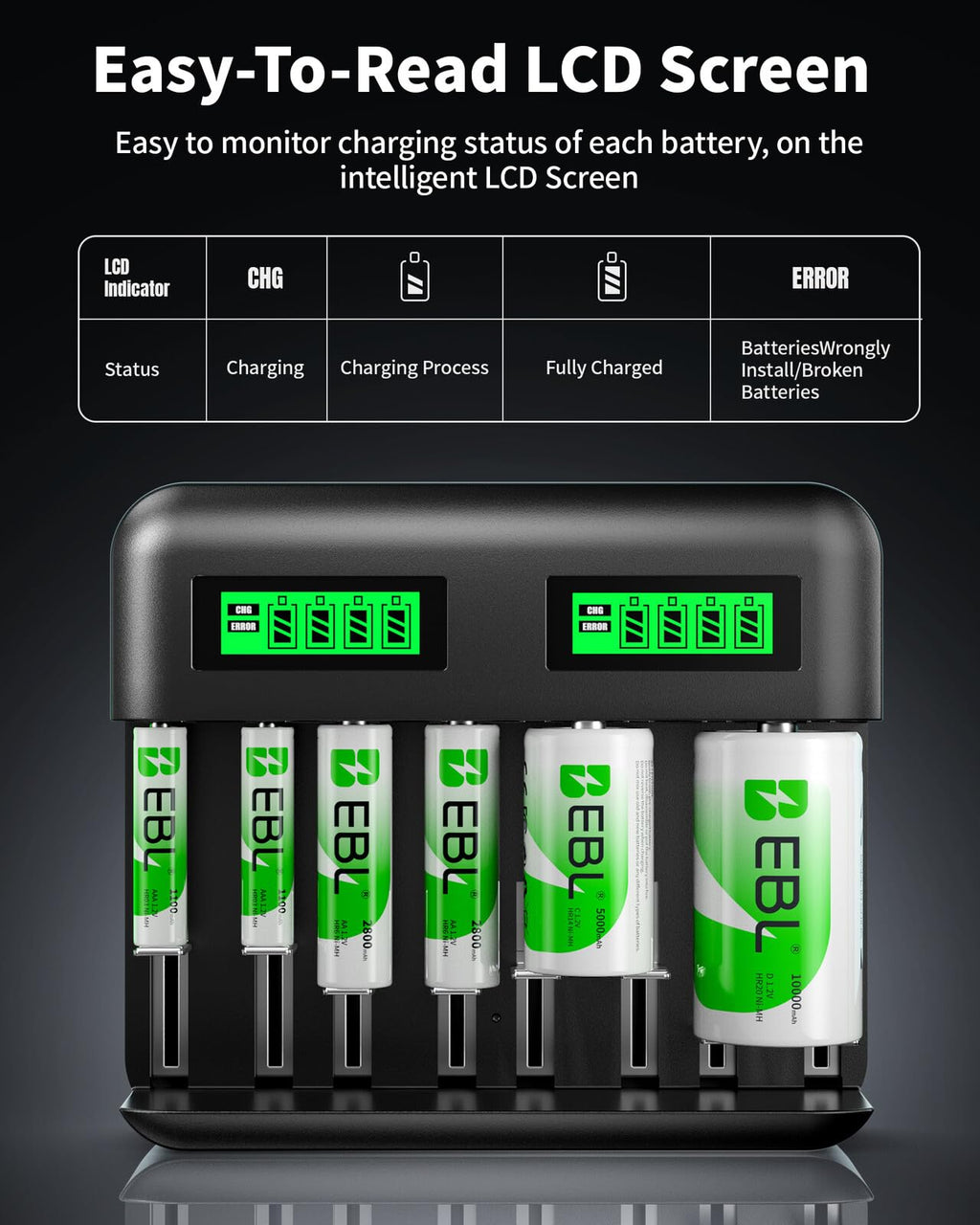 8 Bay LCD Battery Charger with 12 AA and 8 AAA Batteries W93787