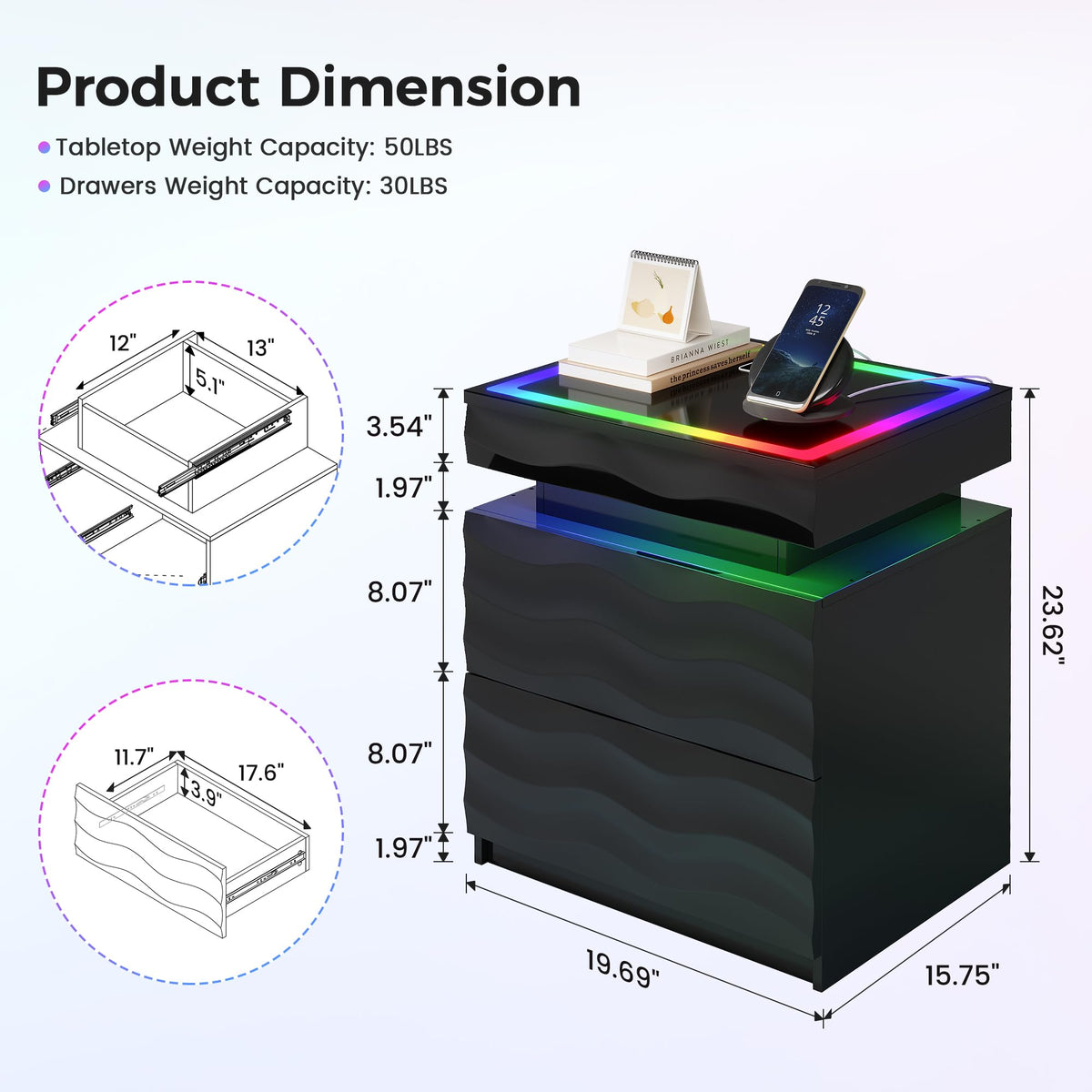 LED Night Stand Set 2 with Charging Station R57324