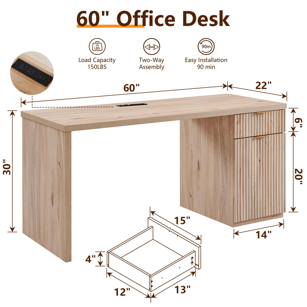60" Fluted Desk with Cabinet and Built-in Outlet E9815