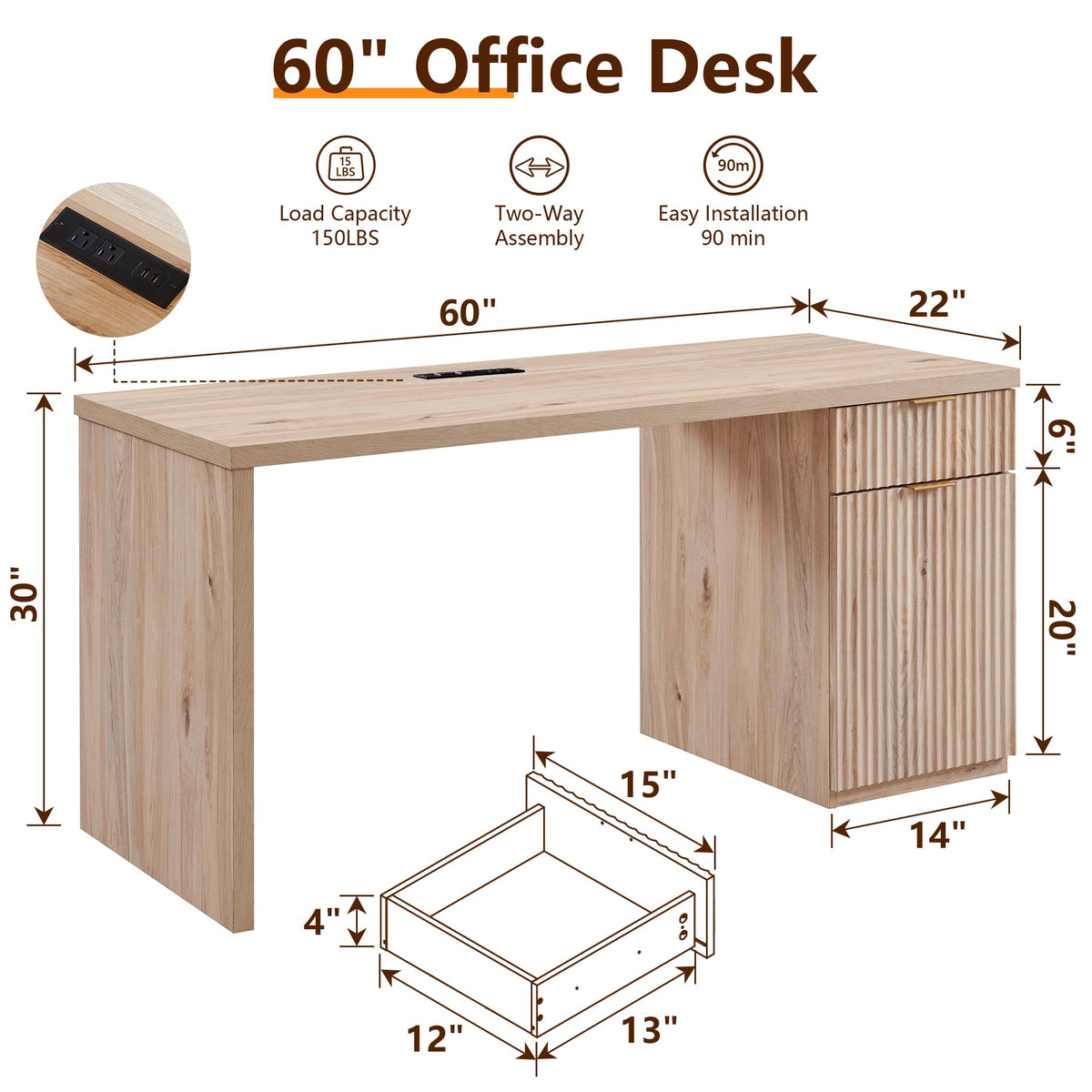 60" Fluted Desk with Cabinet and Built-in Outlet E9815
