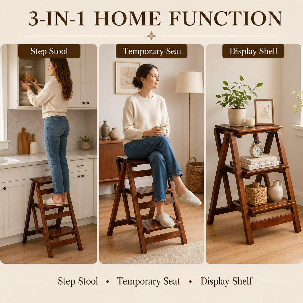 Solid Oak 3 Step Folding Ladder 330 lbs Capacity Wooden Step Stool Y88565
