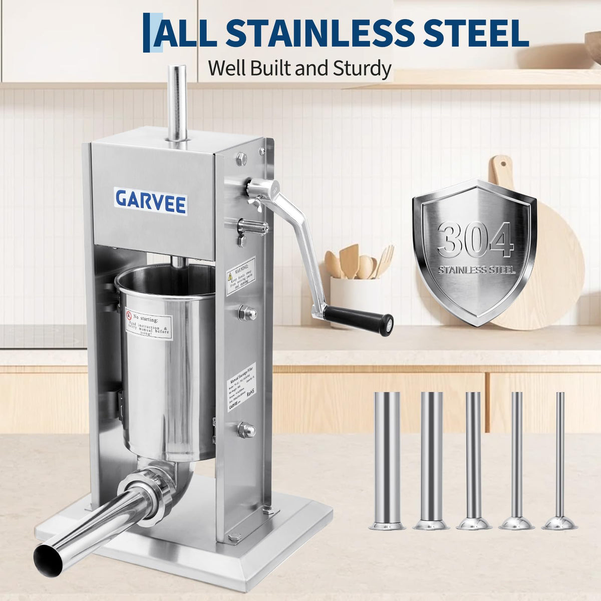 3L Stainless Steel Manual Sausage Stuffer with 5 Filling Tubes J97159