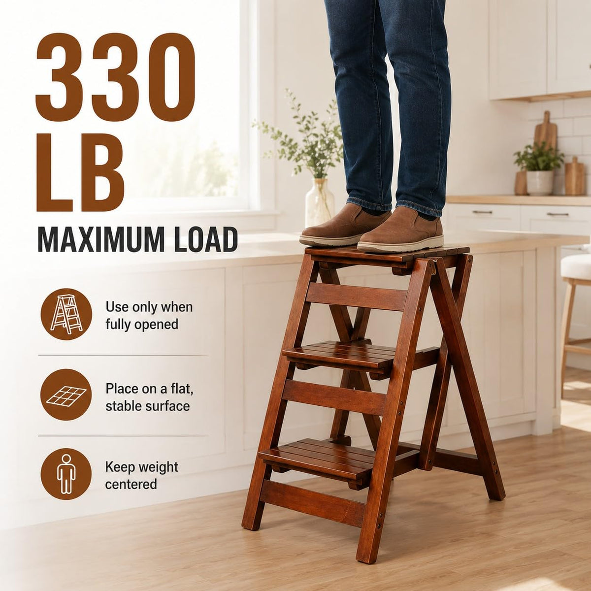 Solid Oak 3 Step Folding Ladder 330 lbs Capacity Wooden Step Stool Y88565