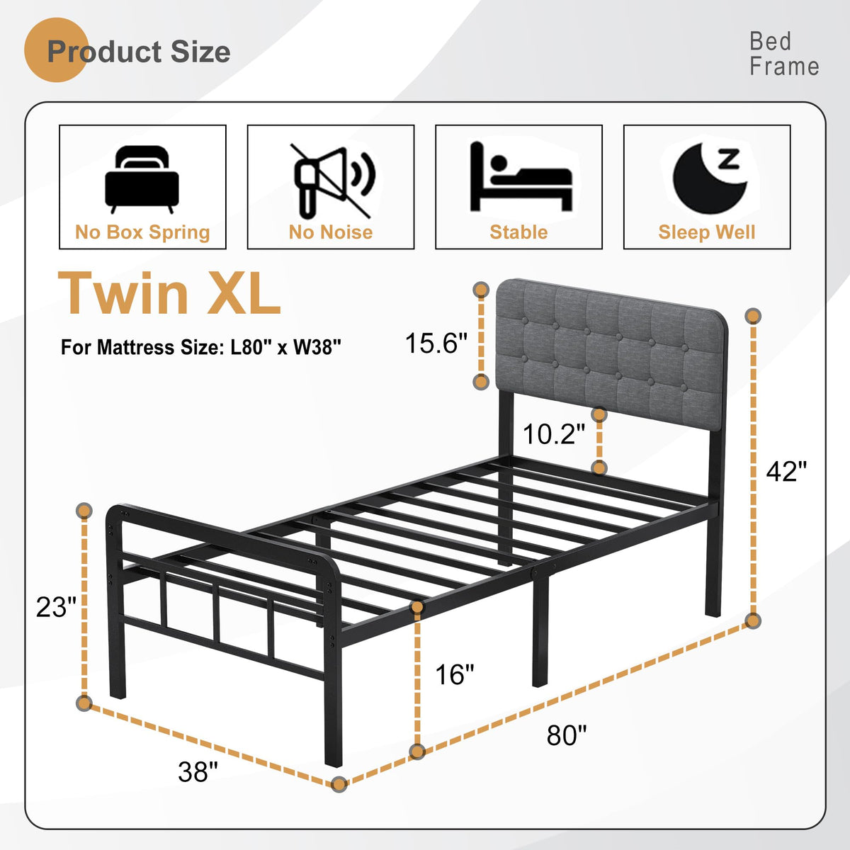 16 Inch Twin XL Upholstered Metal Bed Frame G885