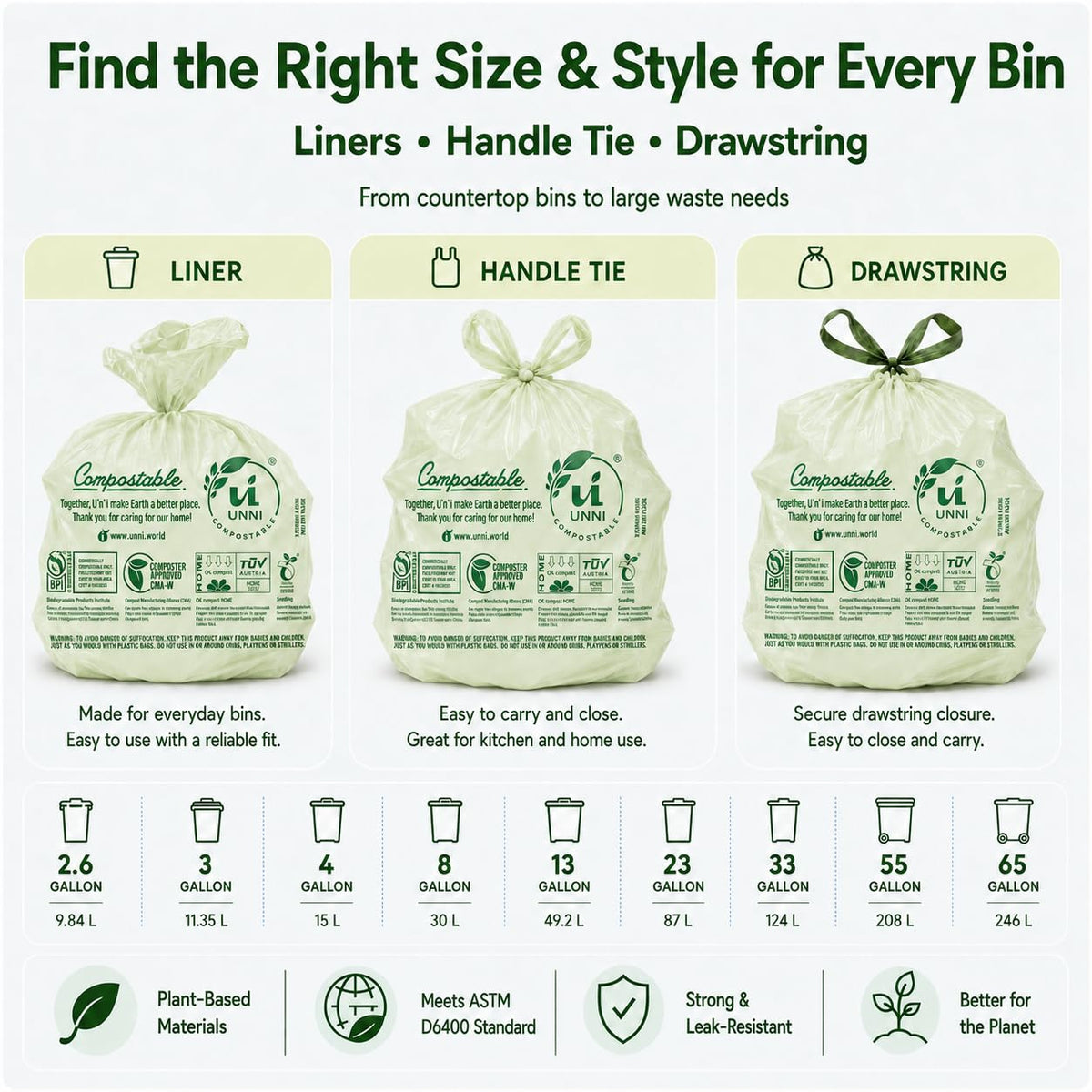 1.6 Gallon Compostable Bags with Easy-Tie Handles, 50 Count A123137