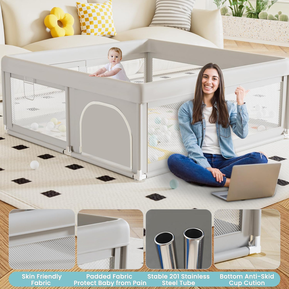 Baby Playpen with Mat, 50x50 Inch D3767