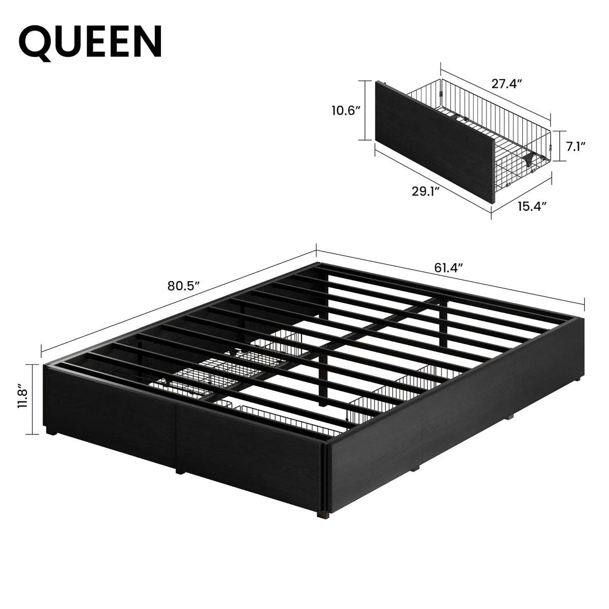 Queen Bed Frame with 4 Storage Drawers, Black R261