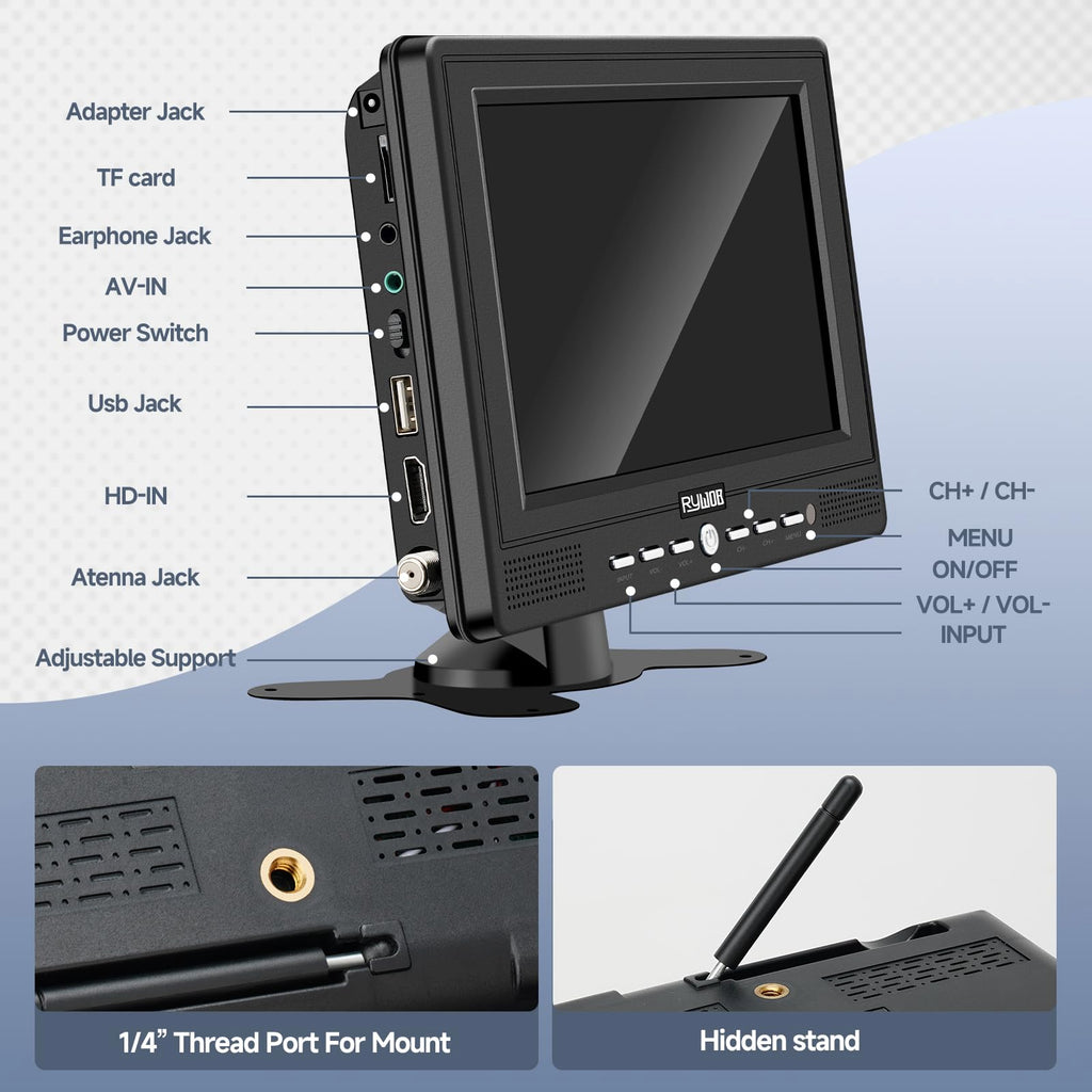 7” Portable TV with Antenna, Rechargeable Battery with Stand Y448548
