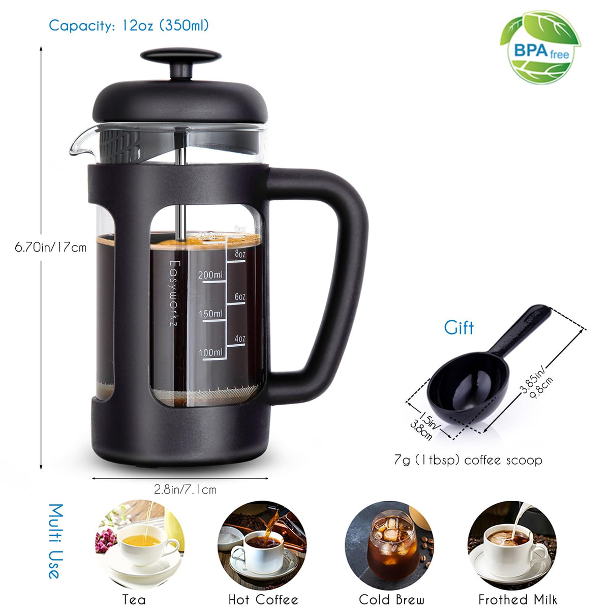 12 oz French Press Coffee Tea Maker with 10g Measuring Spoon C74837