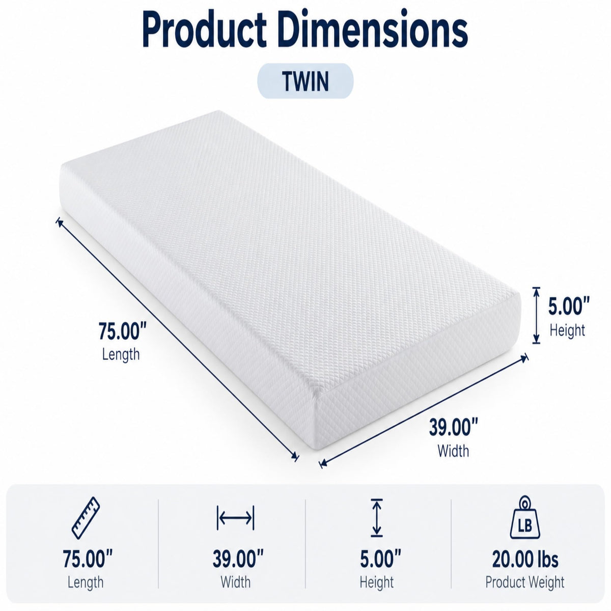 5 Inch Twin Size White Gel Memory Foam A671