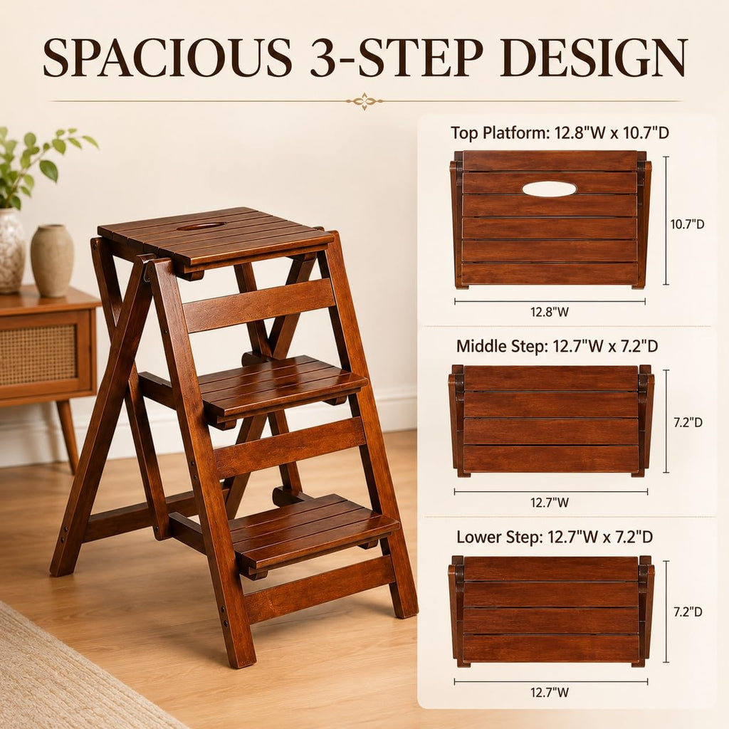 Solid Oak 3 Step Folding Ladder 330 lbs Capacity Wooden Step Stool Y88565