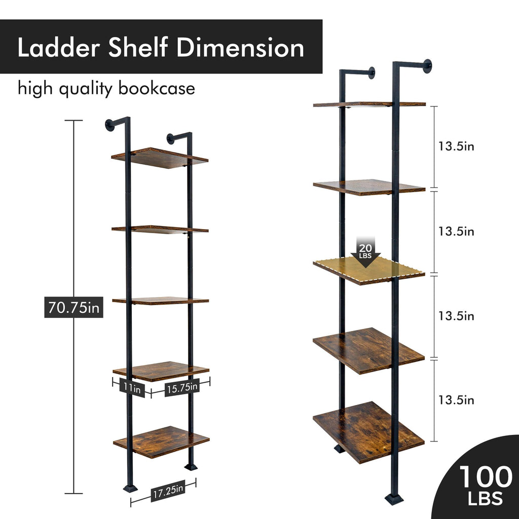 5-Tier Ladder Shelf Black Metal Frame Rustic Brown U271696