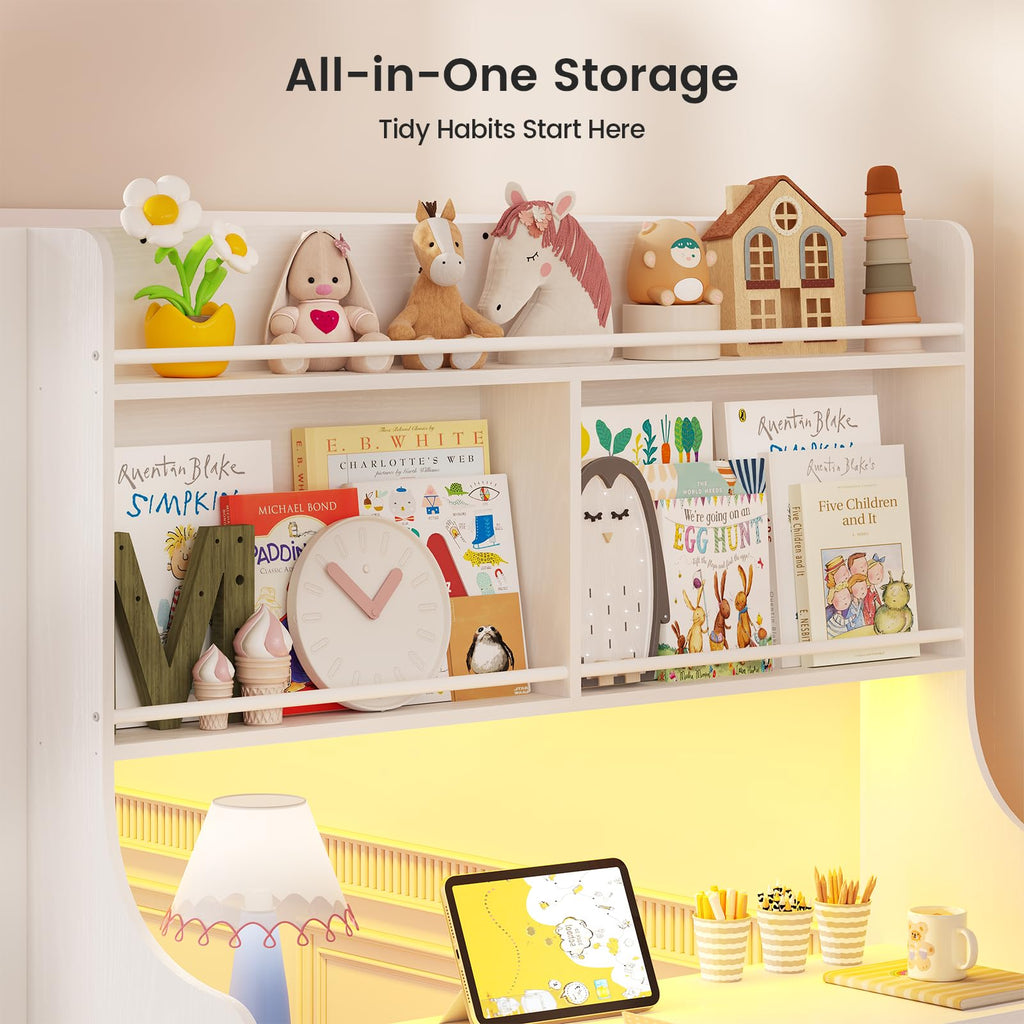 White Twin Over Twin Low Bunk Bed with Desk & 3 Storage Drawers D189011