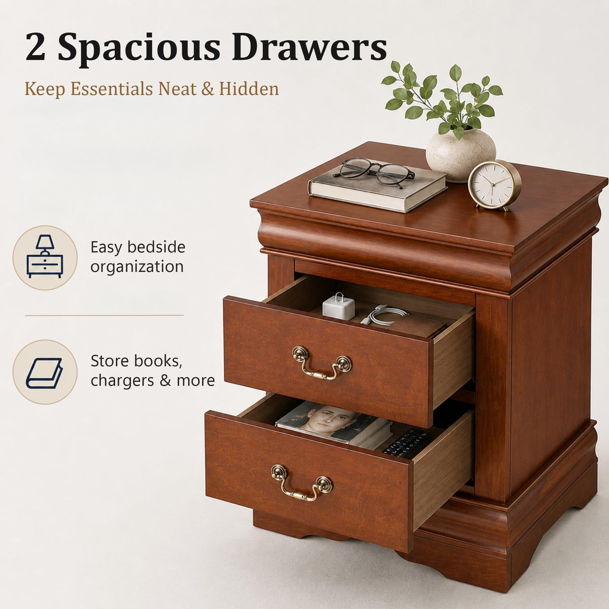 Solid Wood 2 Drawer Nightstand Z827