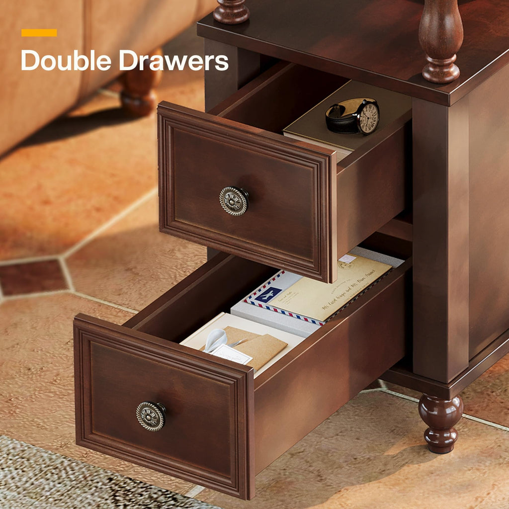 Cherry Finish Wood End Table with 2 Drawers E476