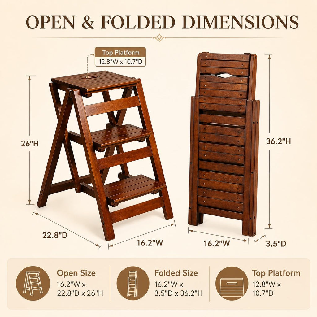 Solid Oak 3 Step Folding Ladder 330 lbs Capacity Wooden Step Stool Y88565
