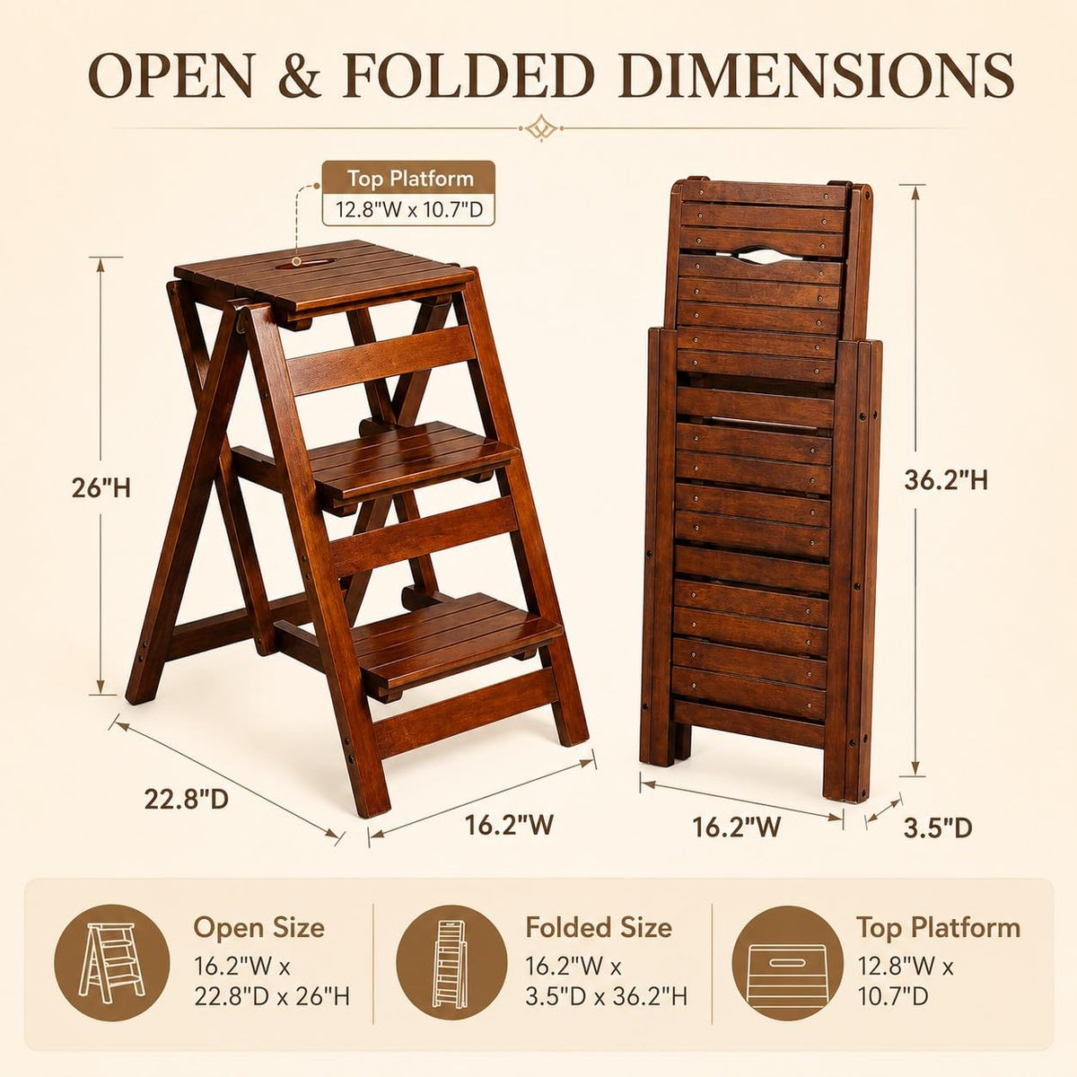 Solid Oak 3 Step Folding Ladder 330 lbs Capacity Wooden Step Stool Y88565