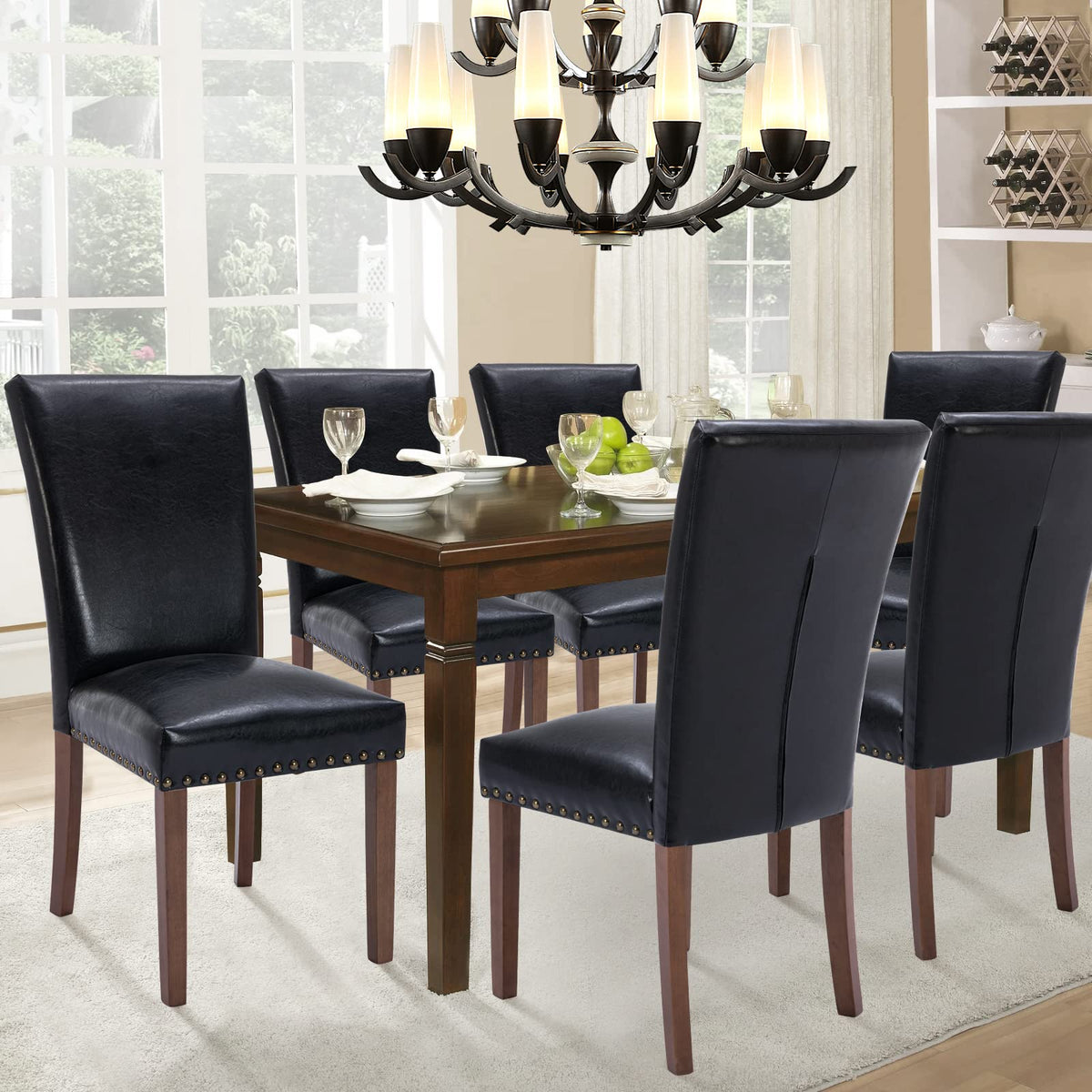 Black Upholstered Dining Chairs Set of 6 with Wood Legs Y19955