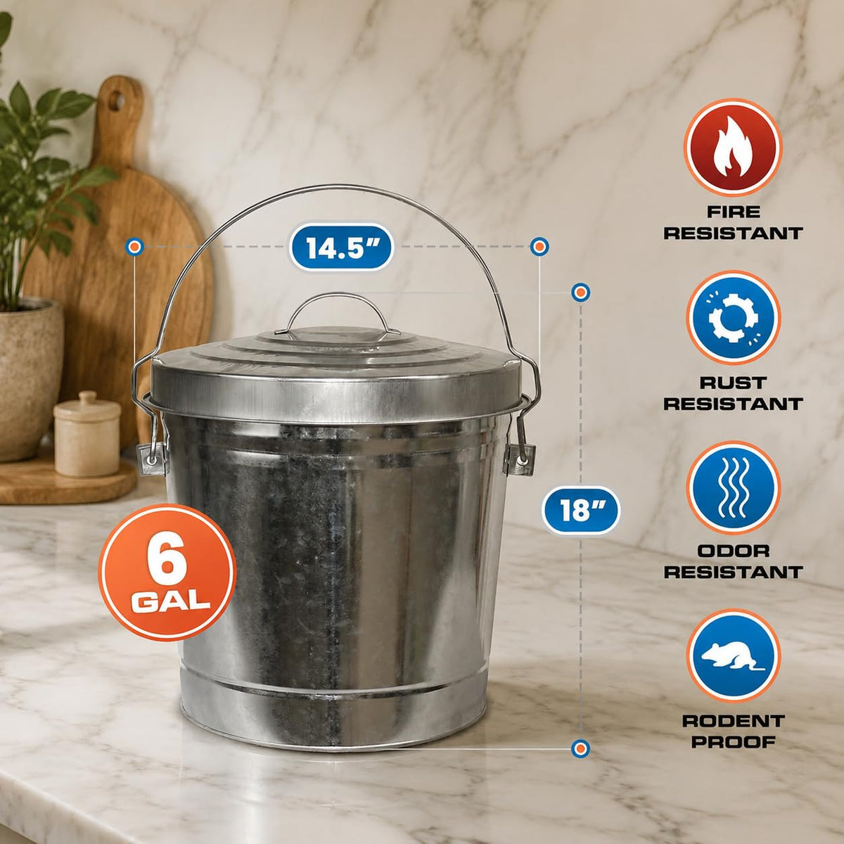 6 Gallon Galvanized Metal Trash Can with Locking Lid G189954