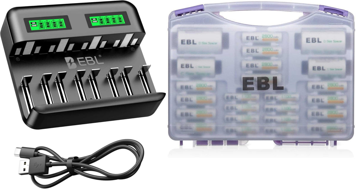 8 Bay LCD Battery Charger with 12 AA and 8 AAA Batteries W93787