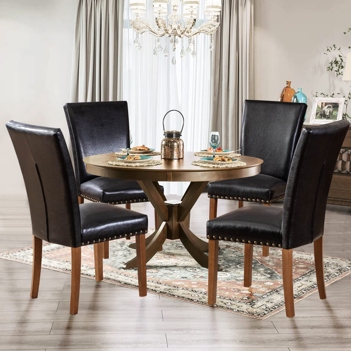 Black Upholstered Dining Chairs Set of 6 with Wood Legs Y19955