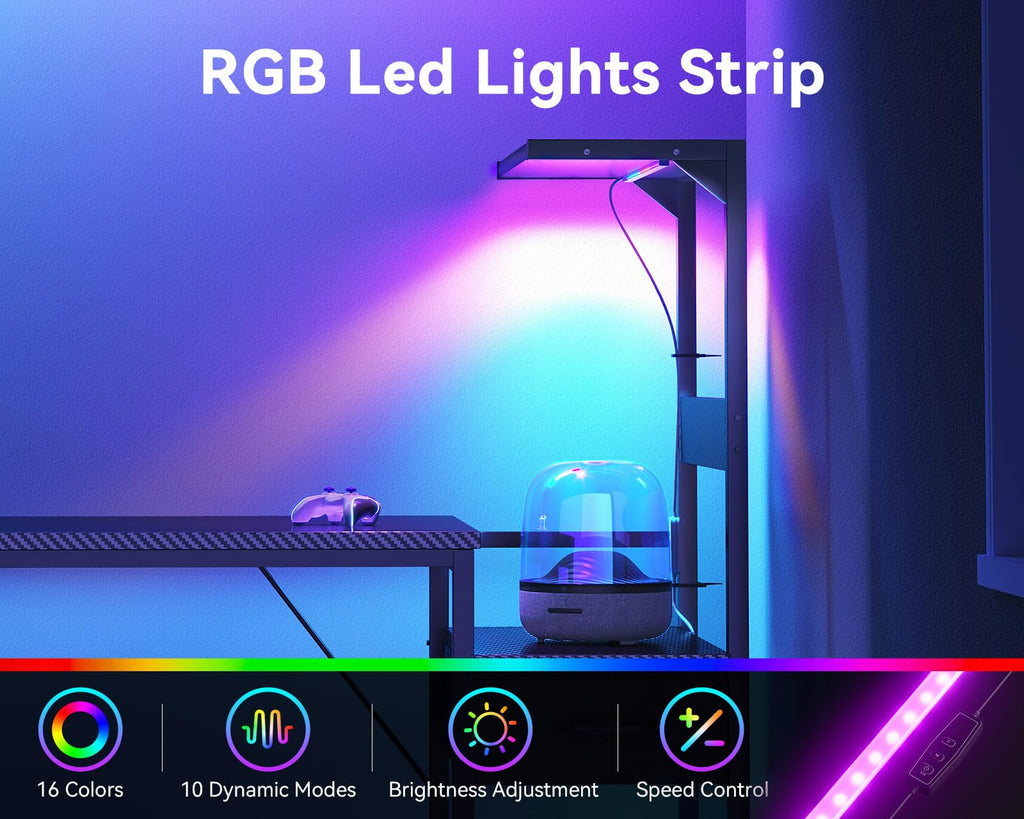 48'' Black Gaming Desk with LED Lights & CPU Stand V778438