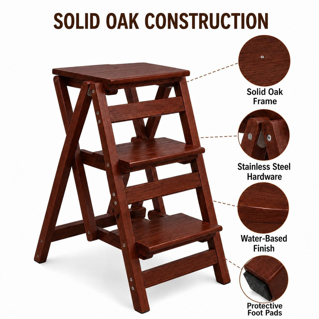 Solid Oak 3 Step Folding Ladder 330 lbs Capacity Wooden Step Stool Y88565