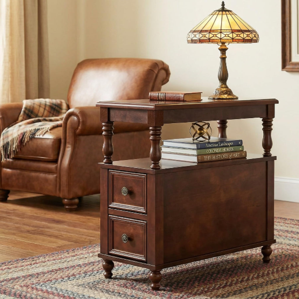 Cherry Finish Wood End Table with 2 Drawers E476