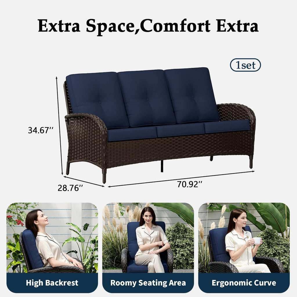 72" Wicker 3-seat Sofa with Cushions, PE Rattan & Steel Frame I12969