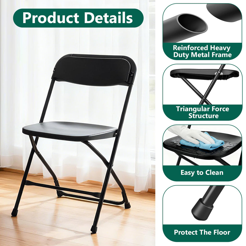 Black Plastic Folding Chairs, 10 Pack Steel Frame 350lbs Capacity M8852