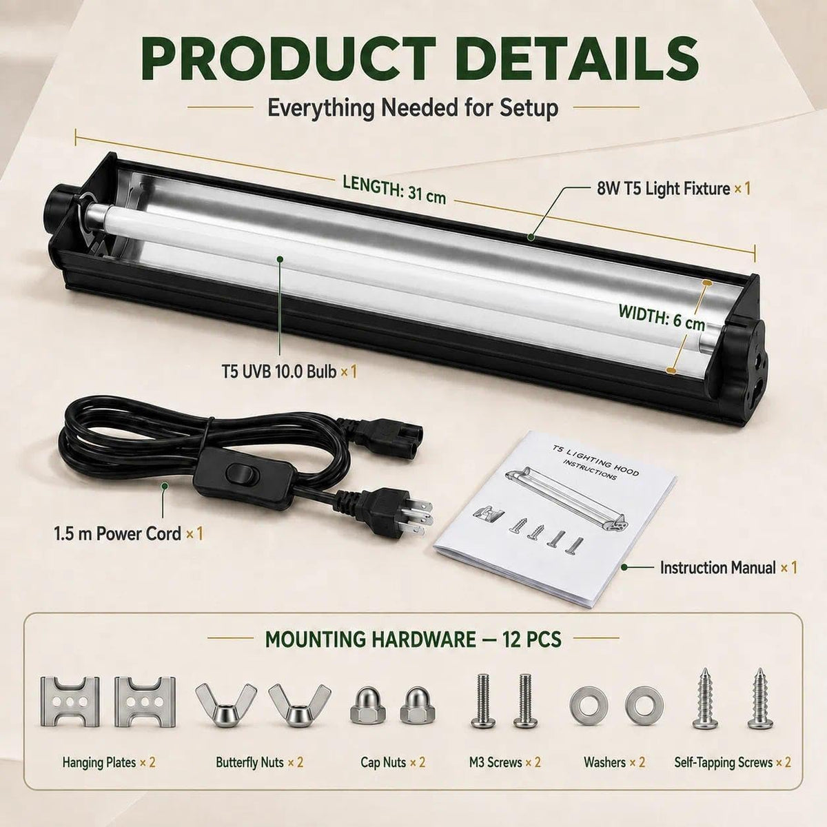 8W 10.0 12 Inch T5 UVB Reptile Light Fixture with Bulb B943407