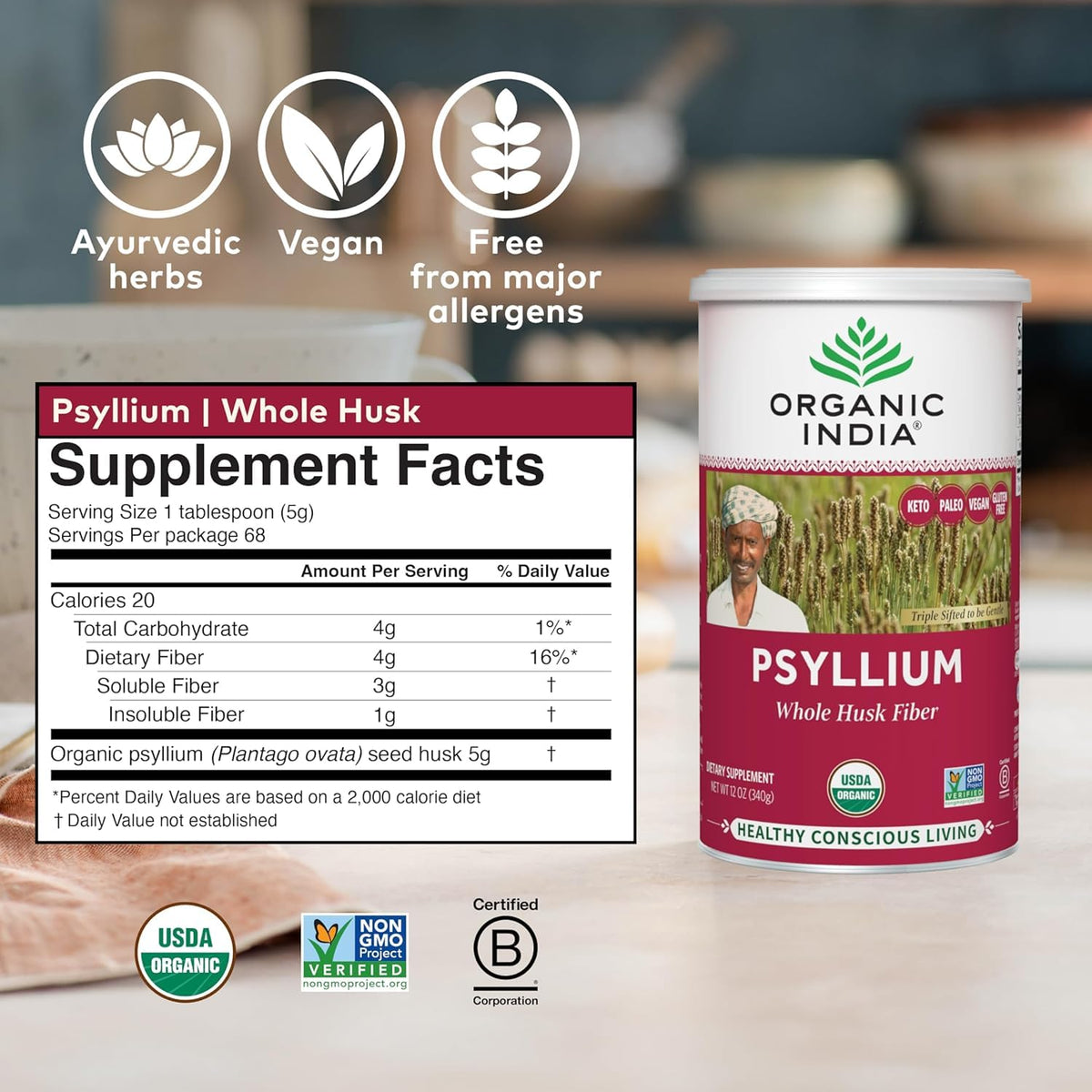 Whole Psyllium Husk Powder Organic Vegan 12 oz F97622