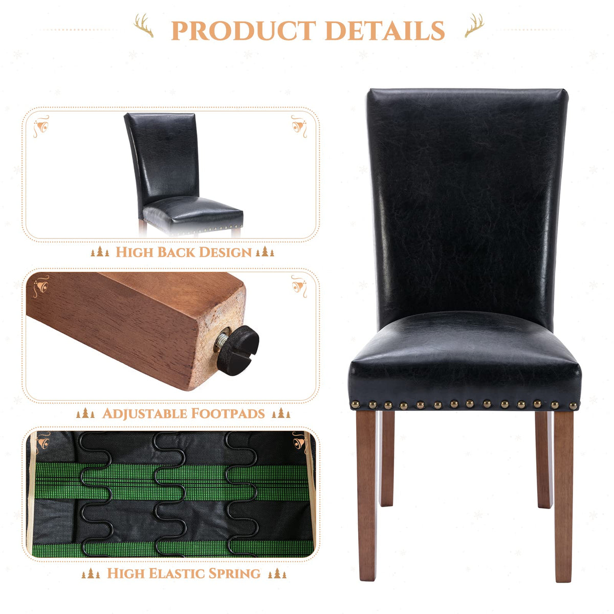Black Upholstered Dining Chairs Set of 6 with Wood Legs Y19955