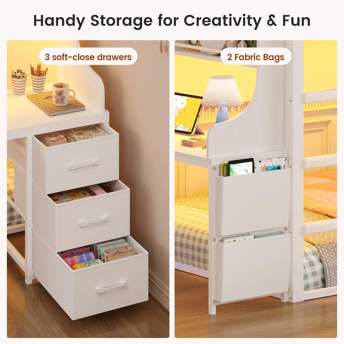 White Twin Over Twin Low Bunk Bed with Desk & 3 Storage Drawers D189011