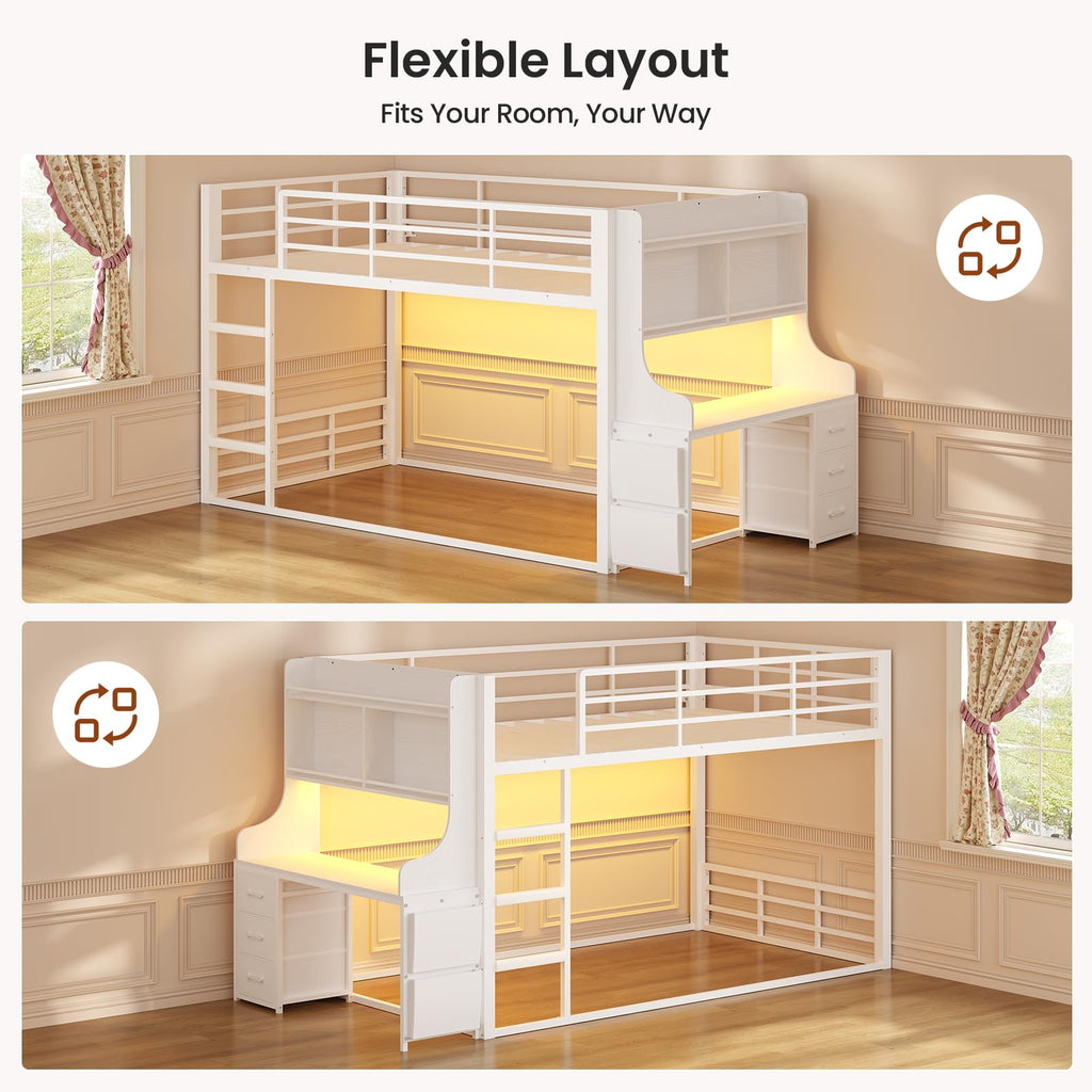 White Twin Over Twin Low Bunk Bed with Desk & 3 Storage Drawers D189011