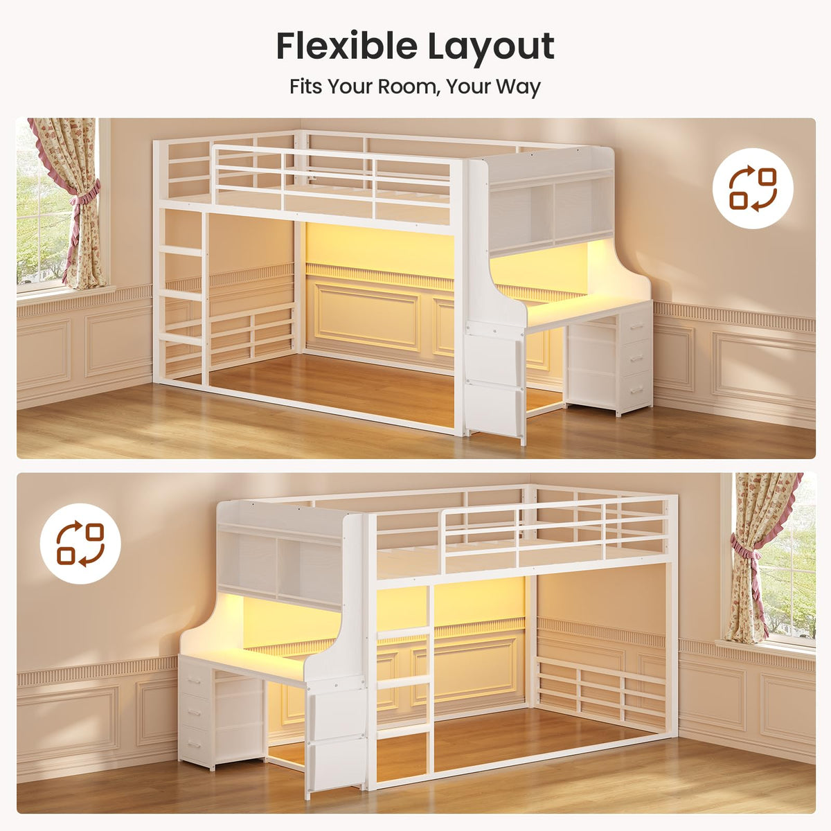 White Twin Over Twin Low Bunk Bed with Desk & 3 Storage Drawers D189011