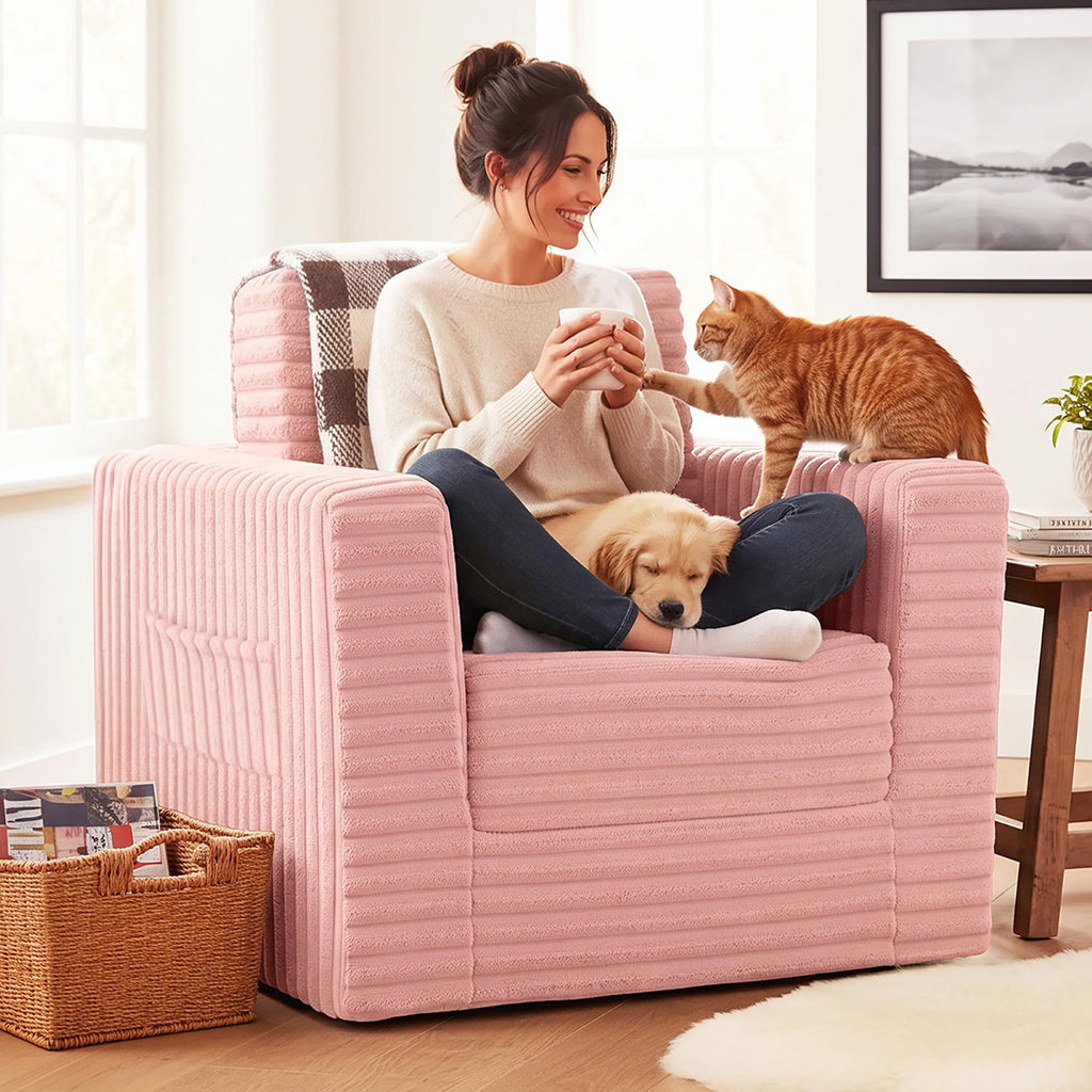Pink Folding Sofa Bed with Ottoman S9104