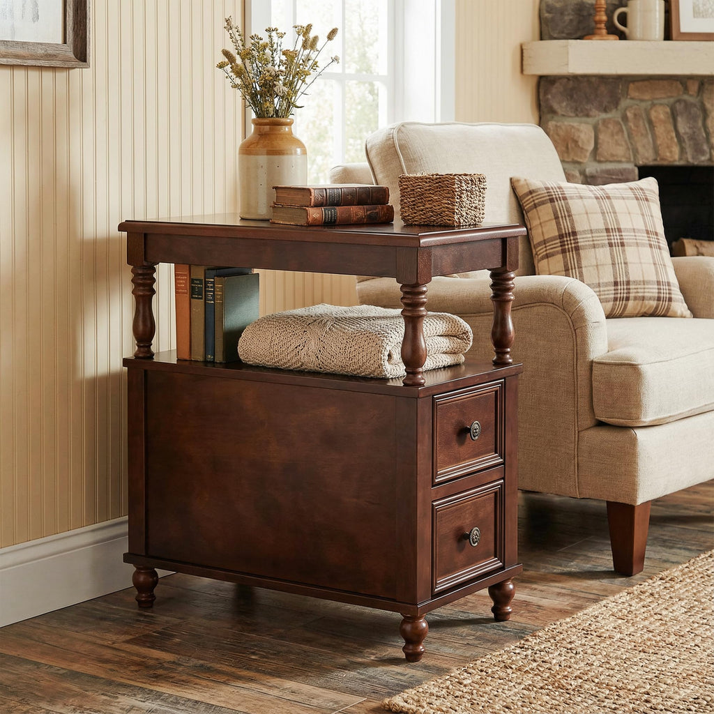 Cherry Finish Wood End Table with 2 Drawers E476